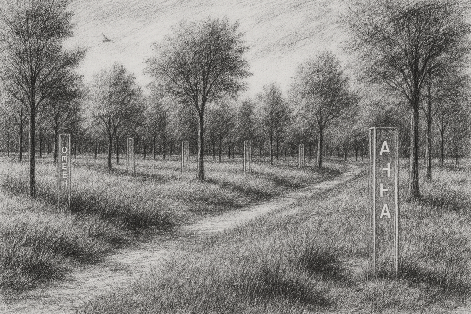 Visualizzazione del Giardino dei Nomi: un prato alberato con colonne verticali che riportano i nomi delle vittime.